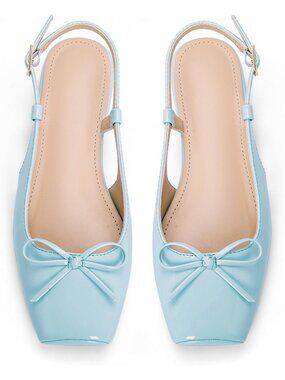 Women's Baby Blue Slingback Square Toe Bow Knit Ankle Buckle Satin Ballet Flats